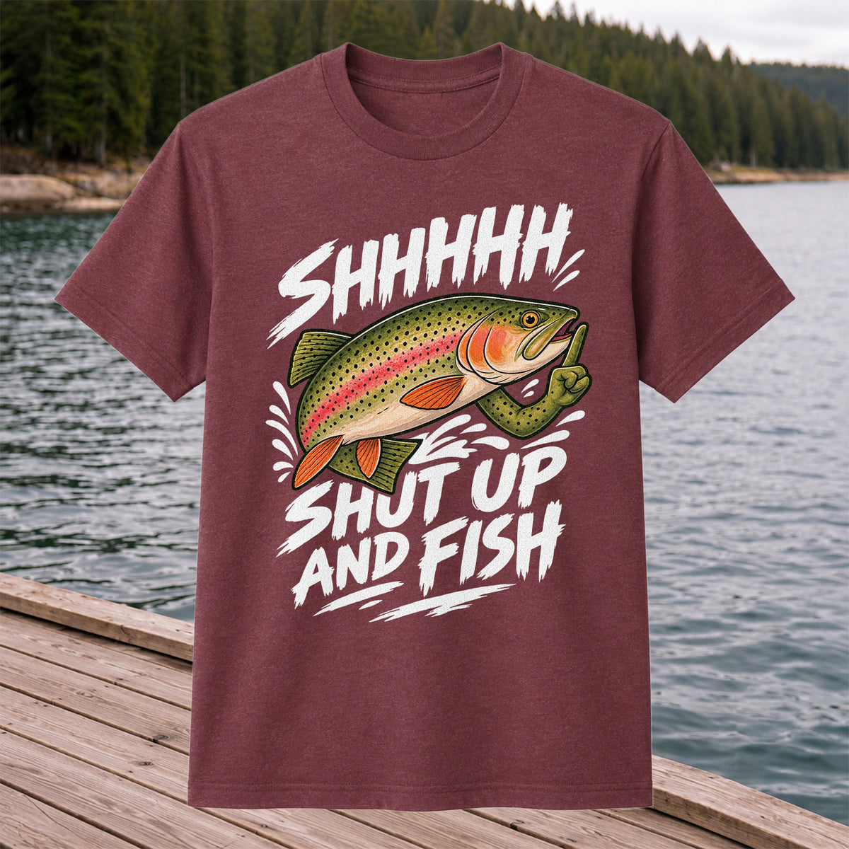 Shhhhh Shut Up and Fish Funny Rainbow Trout Fishing T-Shirt