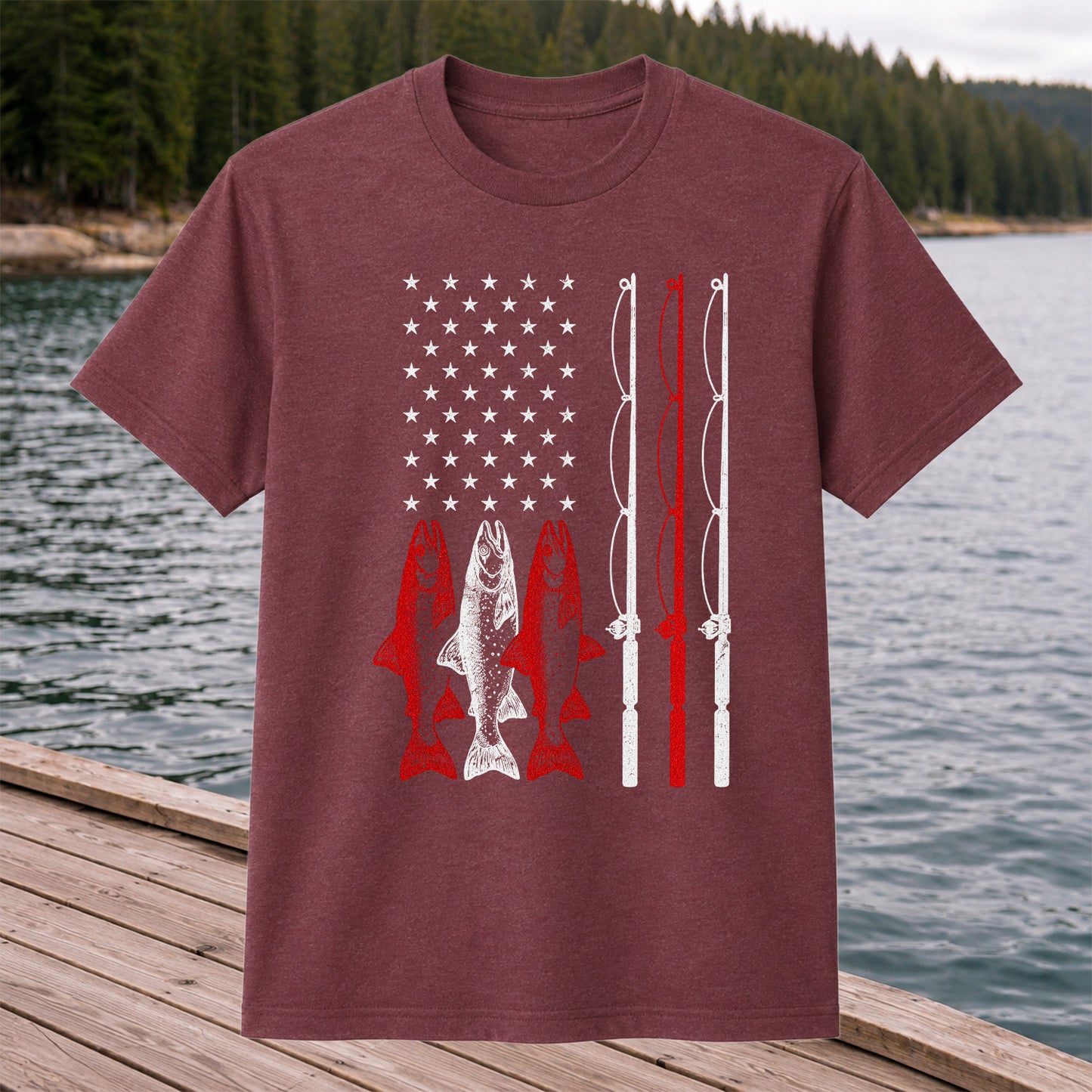 American Flag Trout and Fishing Rods Patriotic T-Shirt