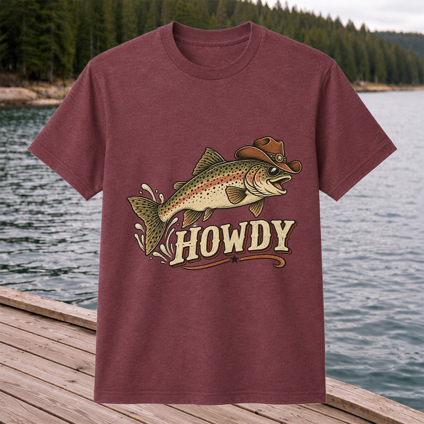 Howdy Cowboy Trout Vintage Fishing Graphic T-Shirt