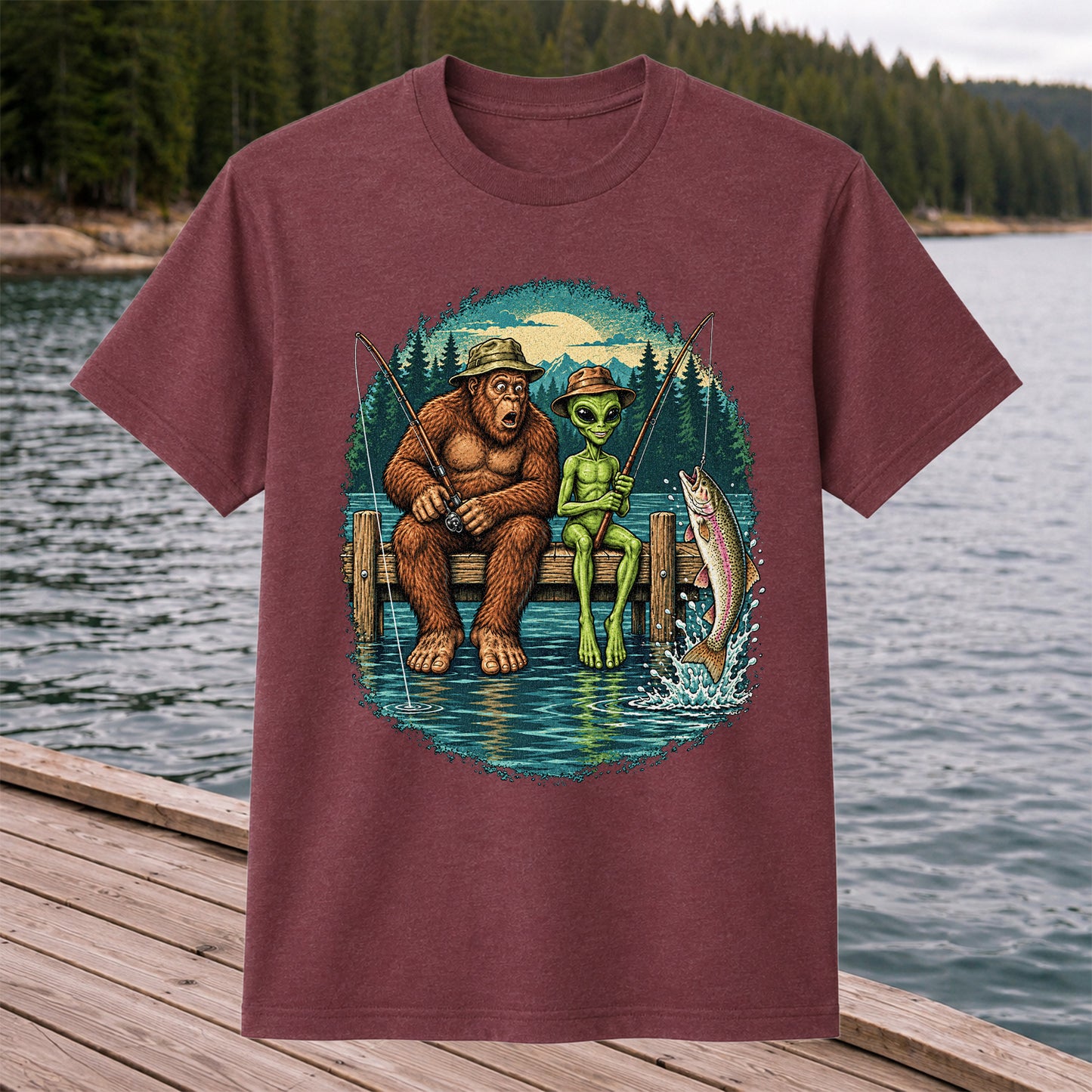 Bigfoot and Alien Fishing on a Dock with Rainbow Trout Graphic T-Shirt