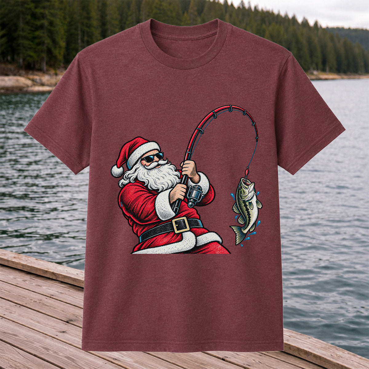Santa Claus Catching a Bass Christmas Fishing Graphic T-Shirt
