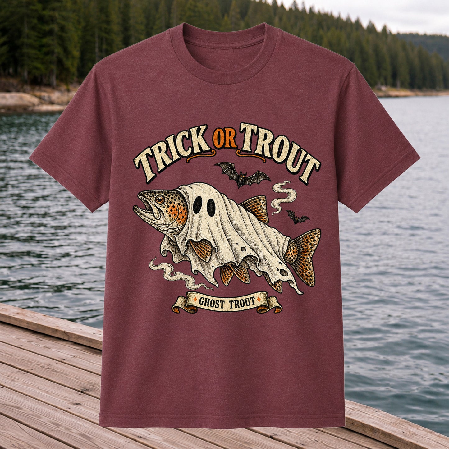 Trick or Trout Ghost Trout Halloween Fishing T-Shirt