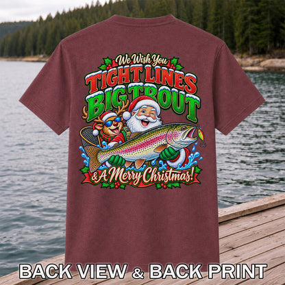 We Wish You Tight Lines Big Trout & a Merry Christmas Santa and Reindeer Fishing T-Shirt | Back Print