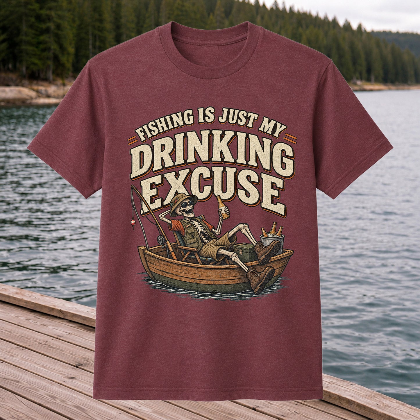 Fishing Is Just My Drinking Excuse Skeleton Angler T-Shirt
