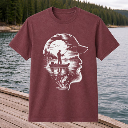 Bearded Angler Silhouette with Lake Fishing Scene Graphic T-Shirt