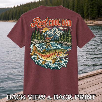 Reel Cool Dad Rainbow Trout Fly Fishing Graphic T-Shirt | Back Print