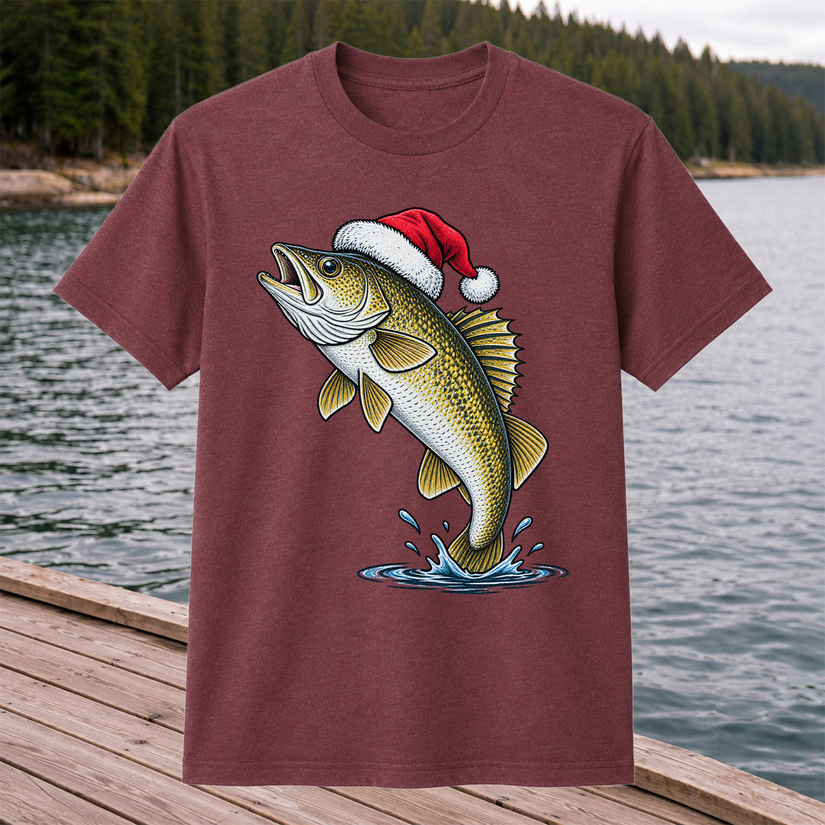 Santa Hat Walleye Christmas Fishing Graphic T-Shirt