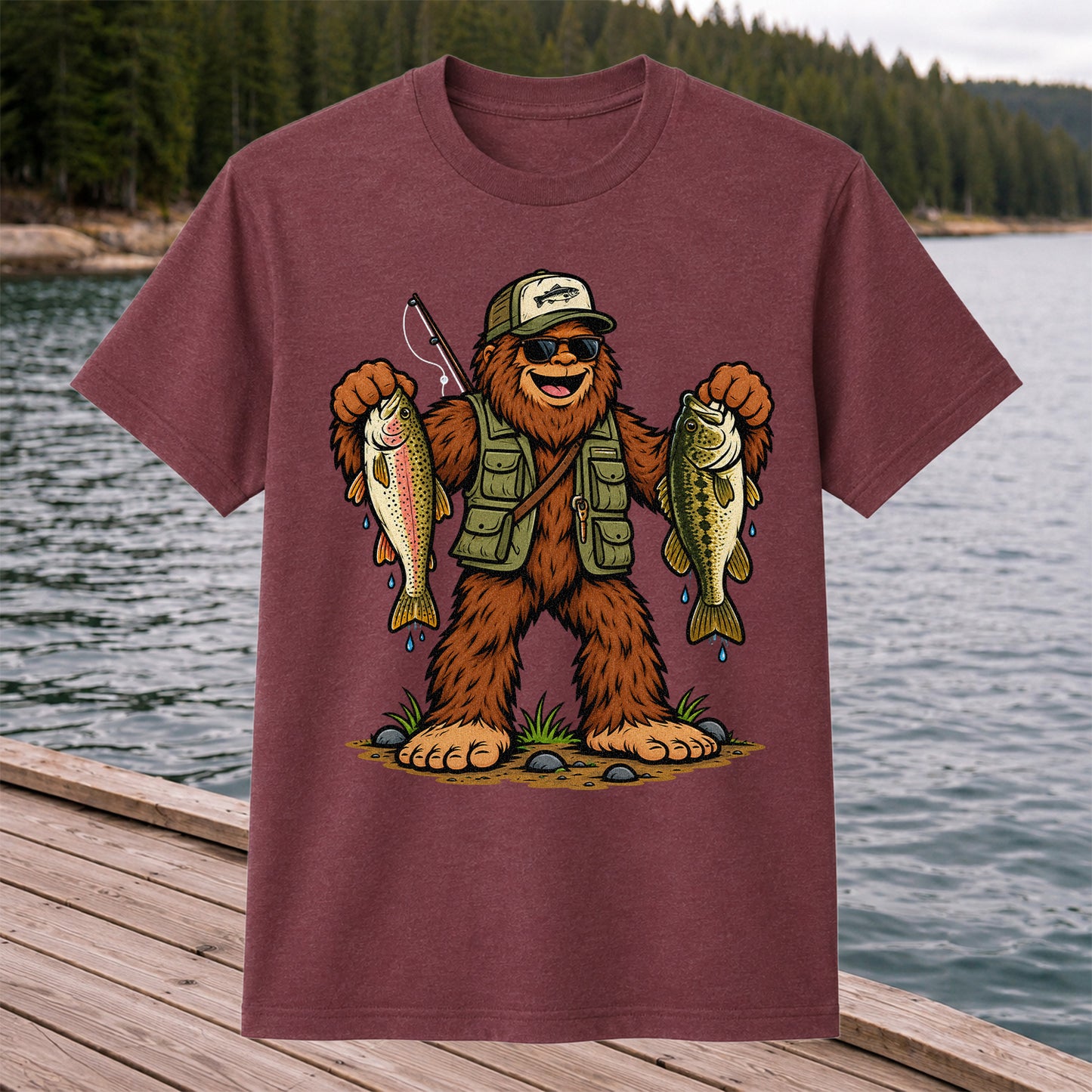 Bigfoot Holding Rainbow Trout and Bass Fishing Graphic T-Shirt