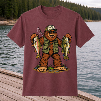 Bigfoot Holding Rainbow Trout and Bass Fishing Graphic T-Shirt