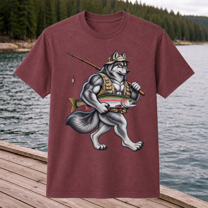 Wolf Angler Holding Rainbow Trout Fishing Graphic T-Shirt
