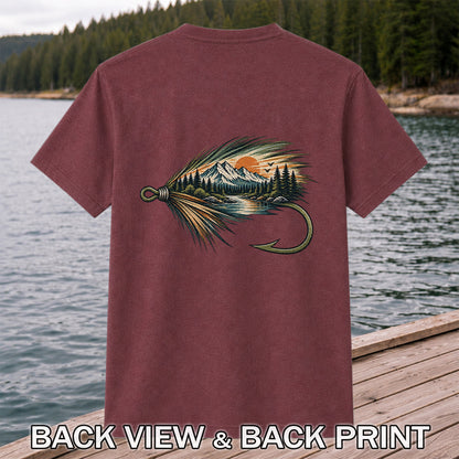 Mountain Lake Fly Fishing Hook Graphic T-Shirt | Back Print