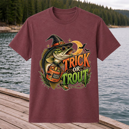 Trick or Trout Bass in Witch Hat with Tackle Treats Halloween Fishing T-Shirt