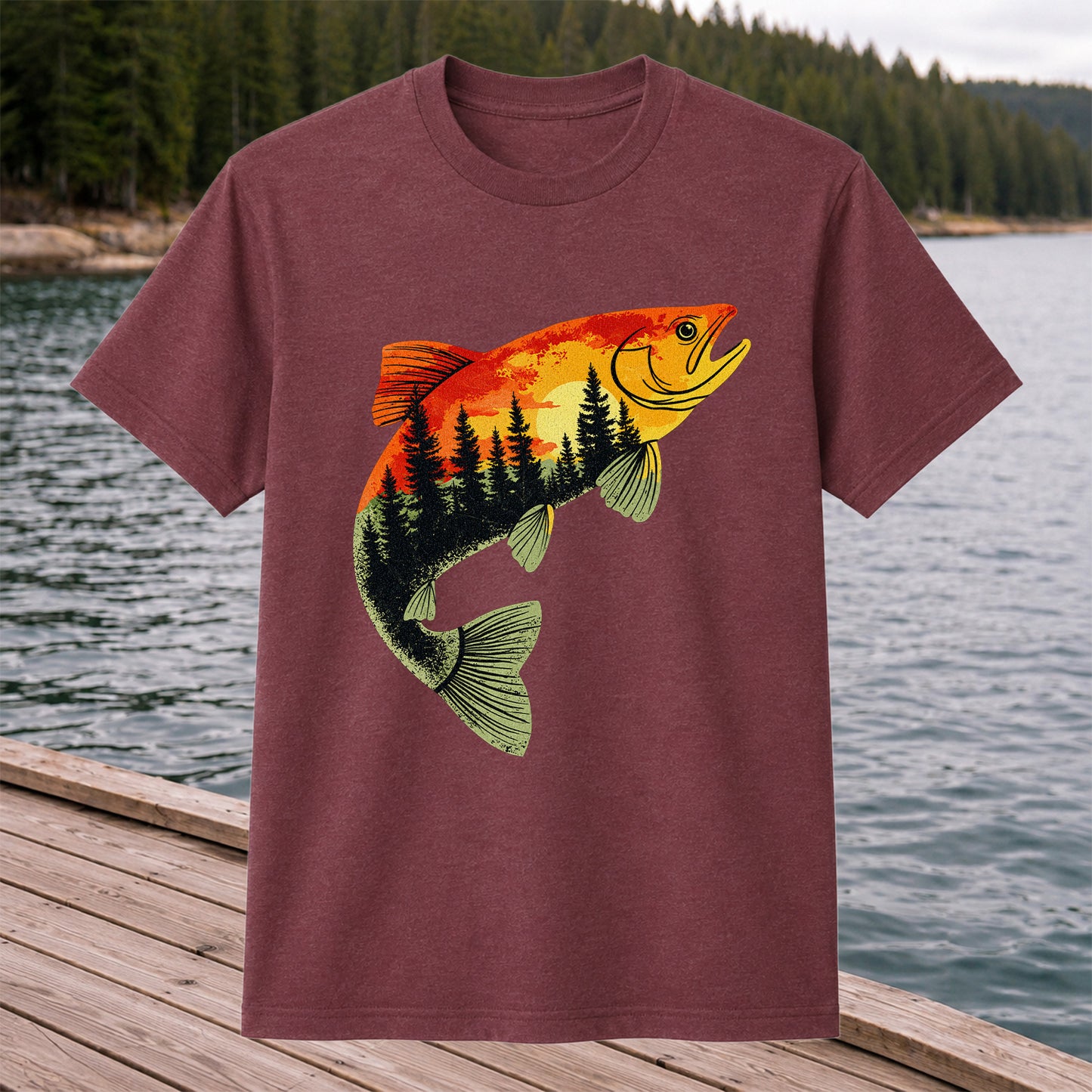 Sunset Forest Trout Fishing Graphic T-Shirt