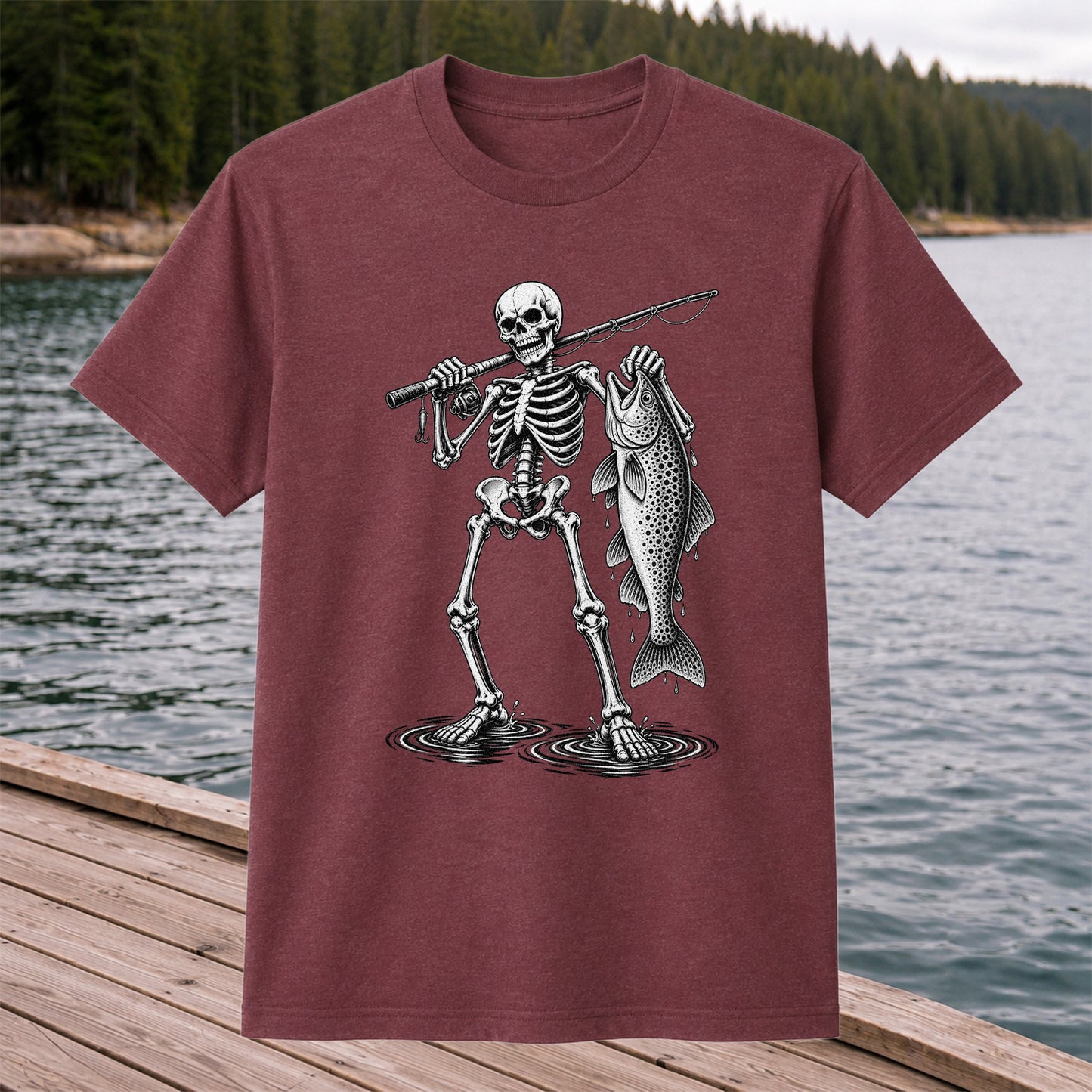 Skeleton Angler Holding a Trout Fishing Graphic T-Shirt