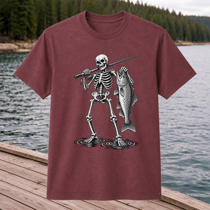 Skeleton Angler Holding a Trout Fishing Graphic T-Shirt