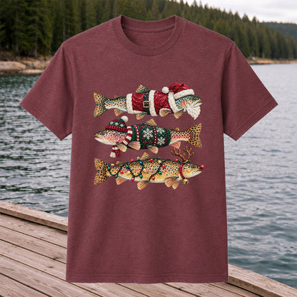 Christmas Trout Fishing Graphic T-Shirt with Festive Fish Artwork