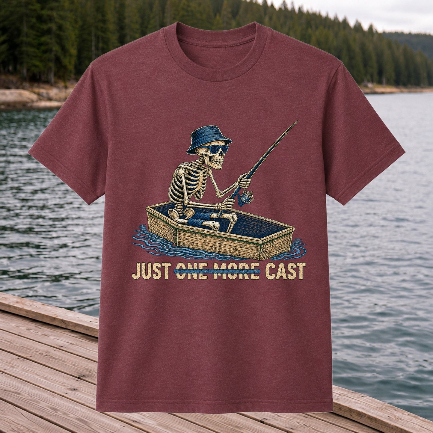 Just One More Cast Skeleton Fishing Boat Graphic T-Shirt