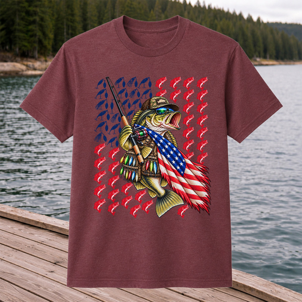 Patriotic Bass Fishing Graphic T-Shirt with American Flag Design