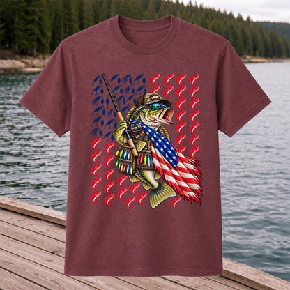 Patriotic Bass Fishing Graphic T-Shirt with American Flag Design