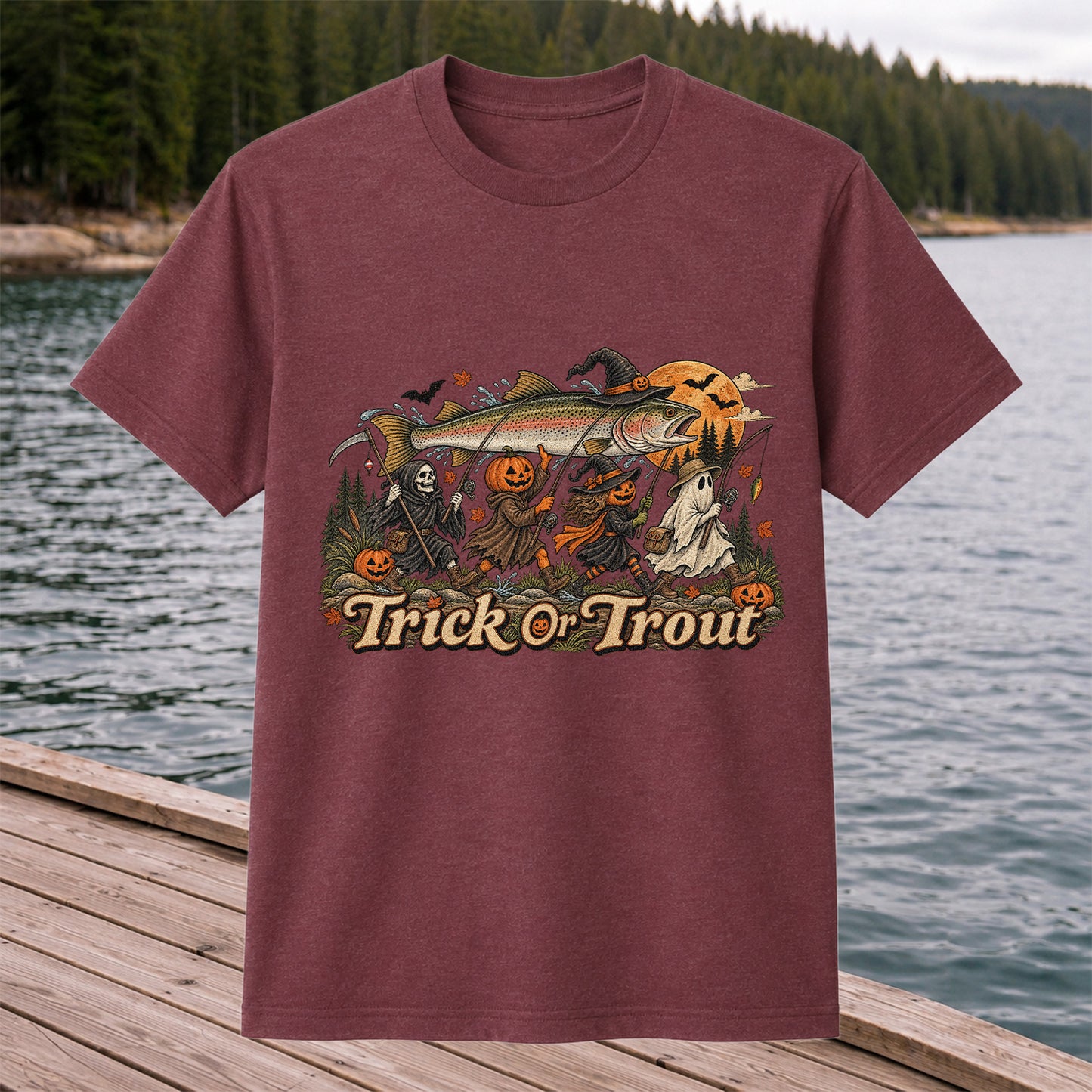 Trick or Trout Spooky Angler Parade Halloween Fishing T-Shirt