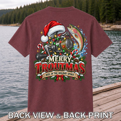 Merry Troutmas Reel in the Holiday Spirit Rainbow Trout and Fishing Reel T-Shirt | Back Print
