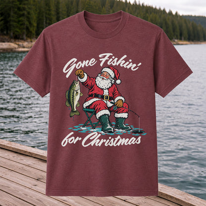 Santa Fishing with Bass Christmas Graphic T-Shirt