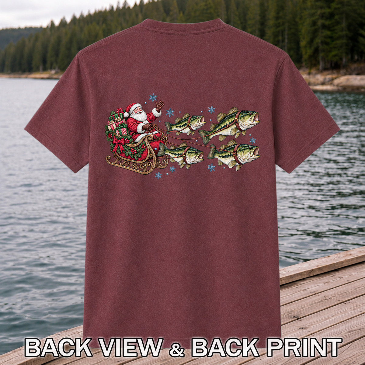 Santa in a Sleigh Pulled by Bass Christmas Fishing Graphic T-Shirt | Back Print