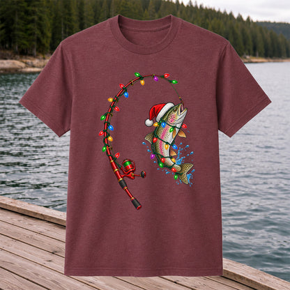 Christmas Rainbow Trout with Santa Hat and Lights Fishing T-Shirt