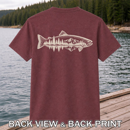 Trout Silhouette with Mountain and Forest Lake Fishing Graphic T-Shirt | Back Print