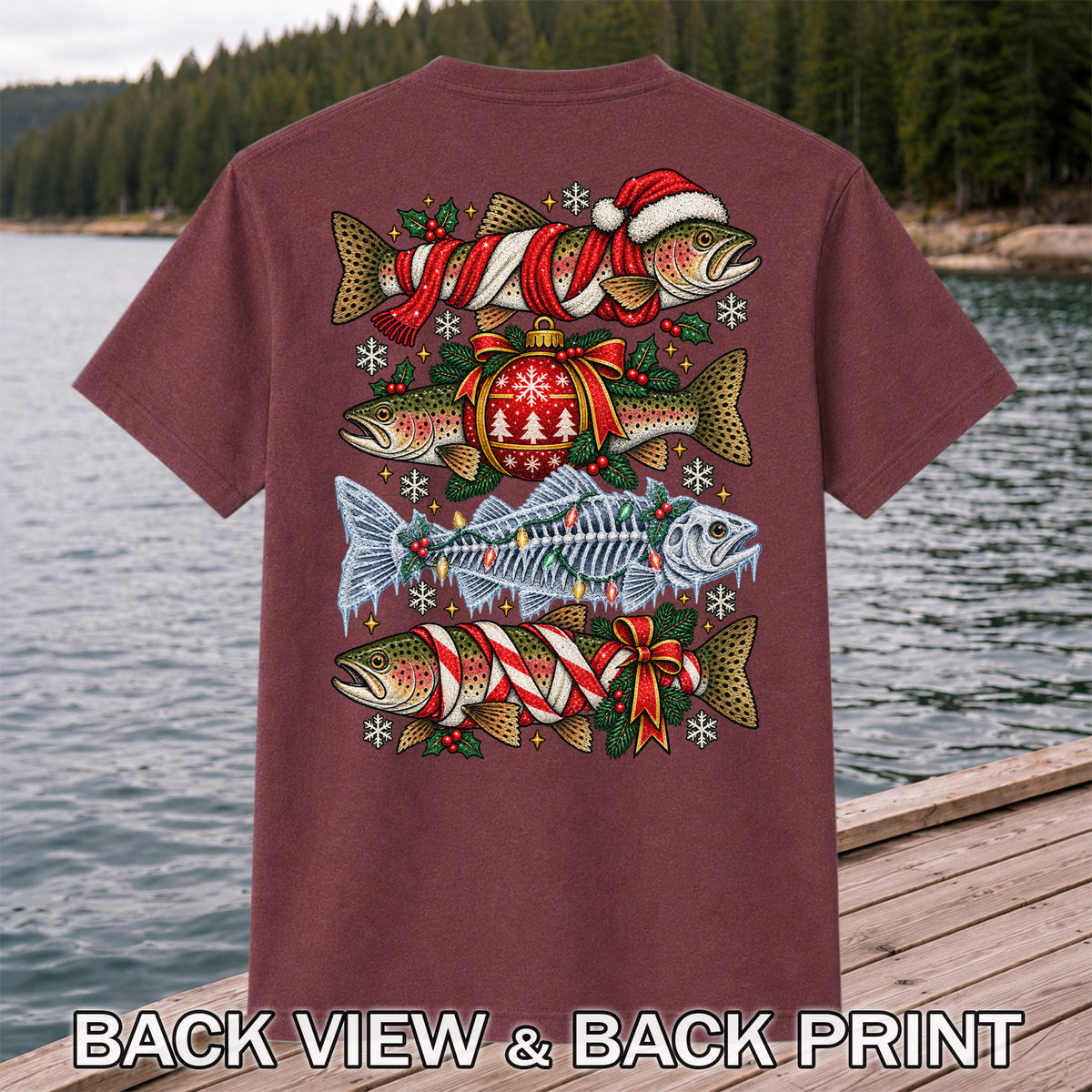 Christmas Rainbow Trout and Fish Skeleton Fishing Graphic T-Shirt | Back Print