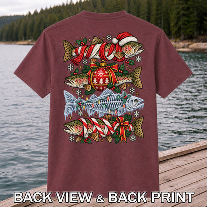 Christmas Rainbow Trout and Fish Skeleton Fishing Graphic T-Shirt | Back Print
