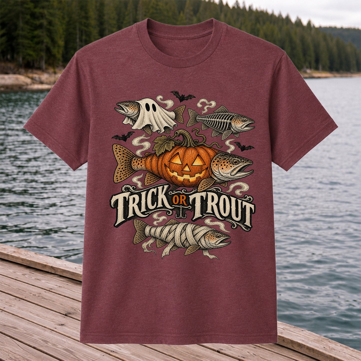Trick or Trout Spooky Fish Halloween Graphic T-Shirt