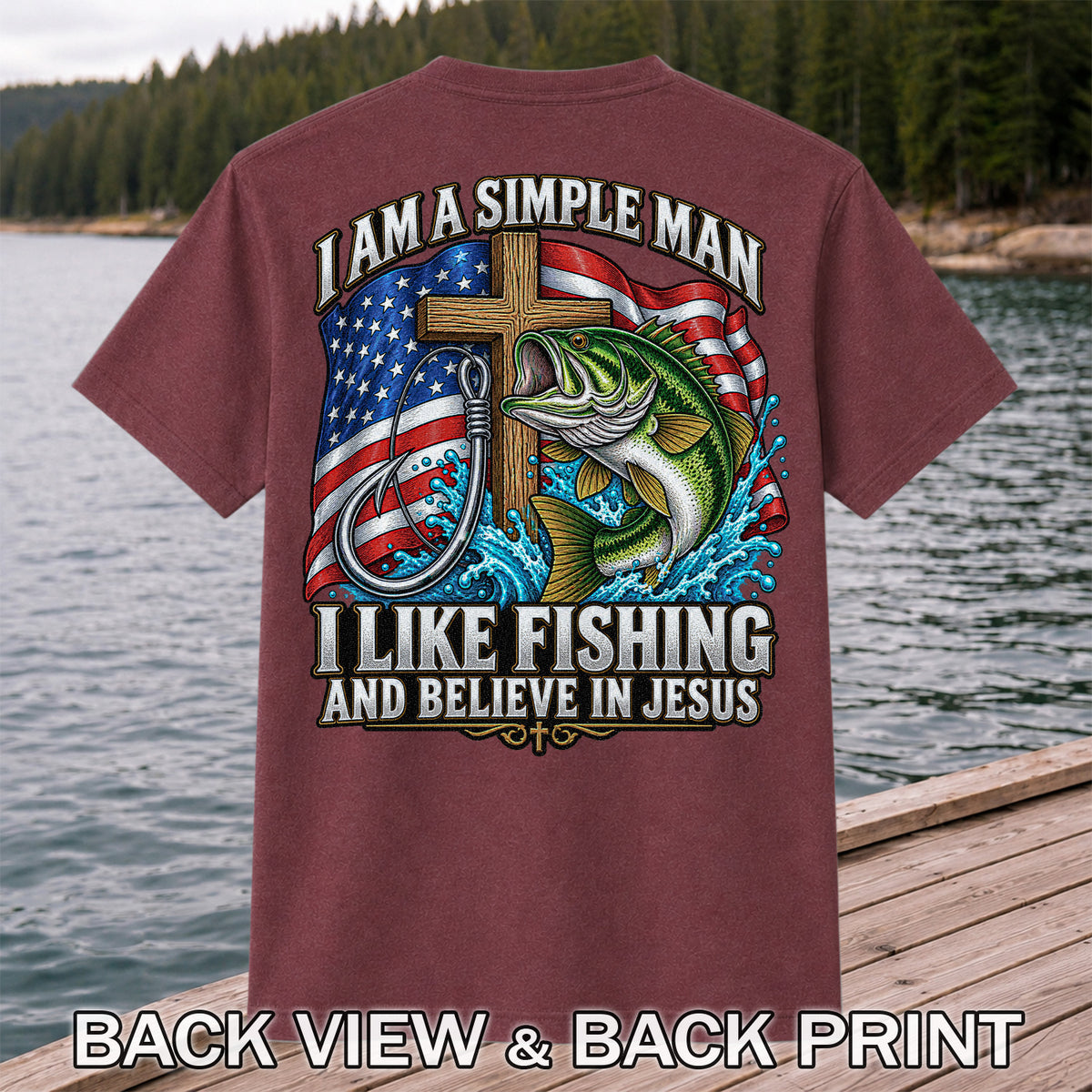 American Flag Bass Fishing Faith Patriotic Graphic T-Shirt | Back Print