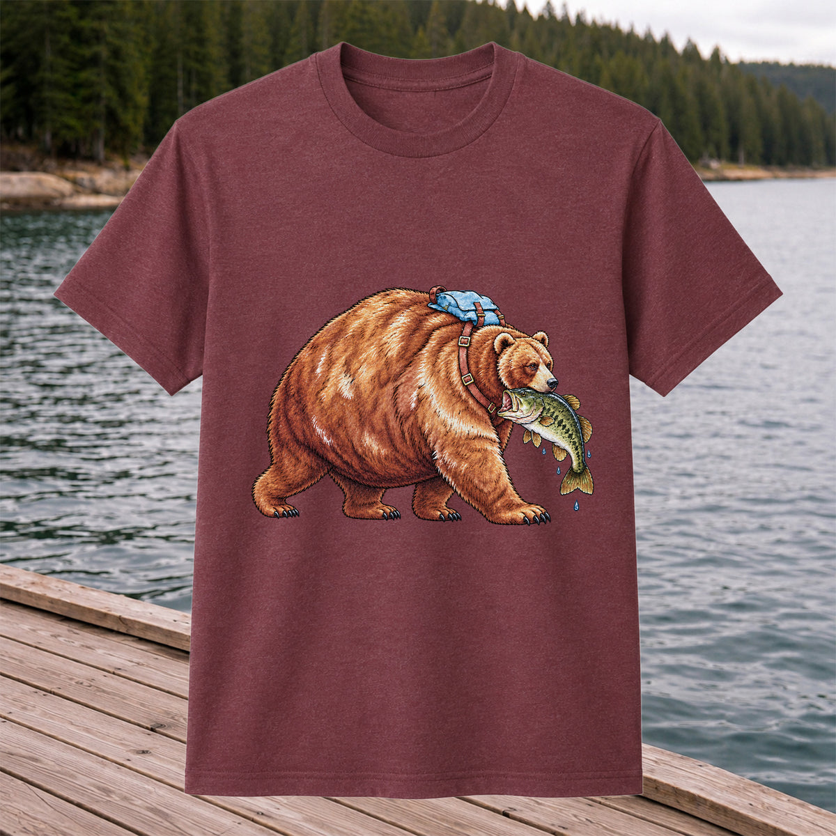 Bear Carrying Bass Fishing Wildlife Graphic T-Shirt