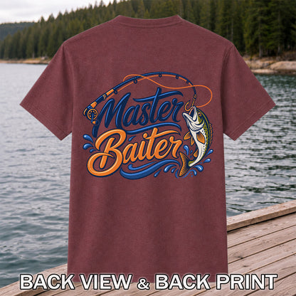 Master Baiter Funny Fishing Rod and Jumping Fish T-Shirt | Back Print