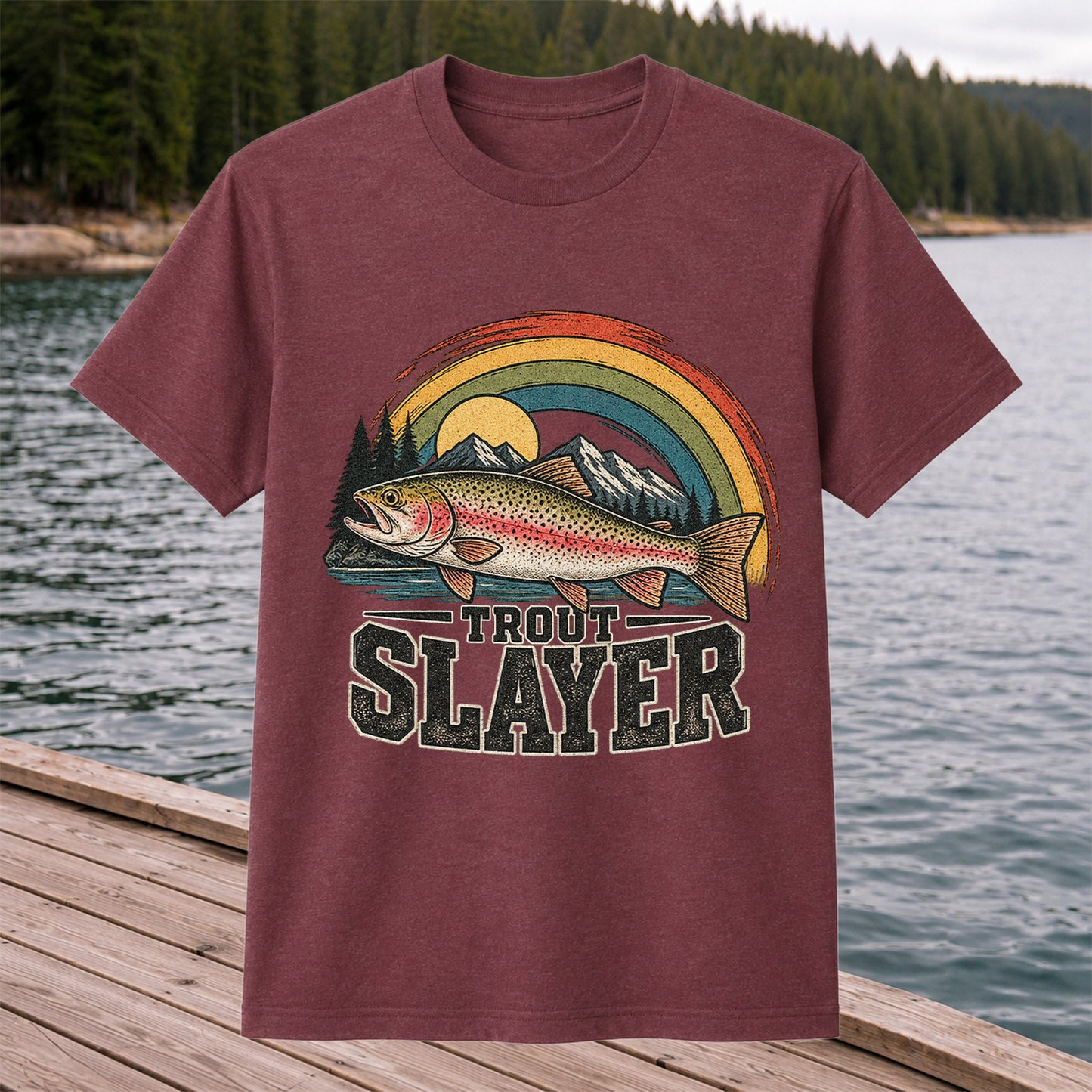 Trout Slayer Rainbow Trout Mountain Fishing Graphic T-Shirt