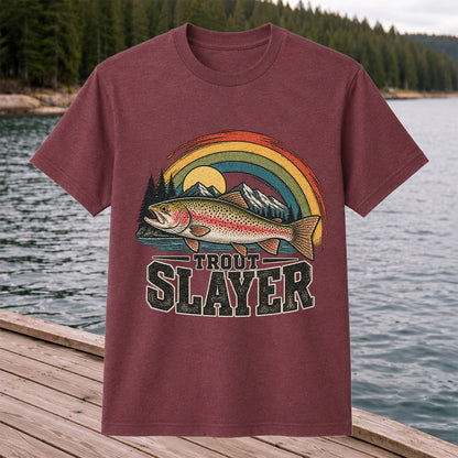 Trout Slayer Rainbow Trout Mountain Fishing Graphic T-Shirt