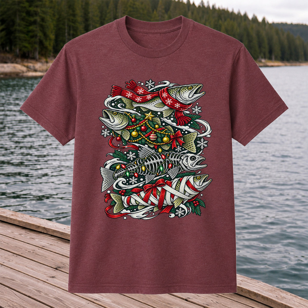Christmas Trout and Fish Skeleton Holiday Fishing T-Shirt