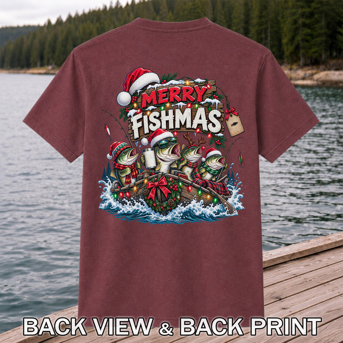 Merry Fishmas Christmas Bass in a Fishing Boat Graphic T-Shirt | Back Print