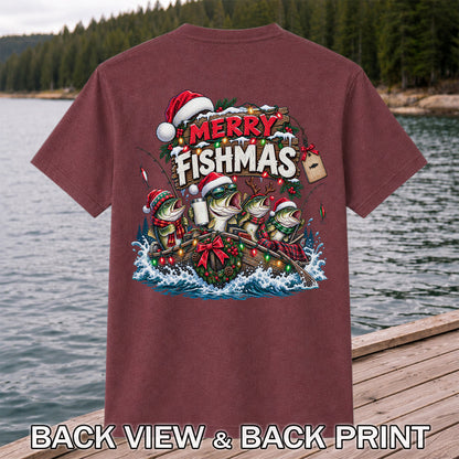 Merry Fishmas Christmas Bass in a Fishing Boat Graphic T-Shirt | Back Print