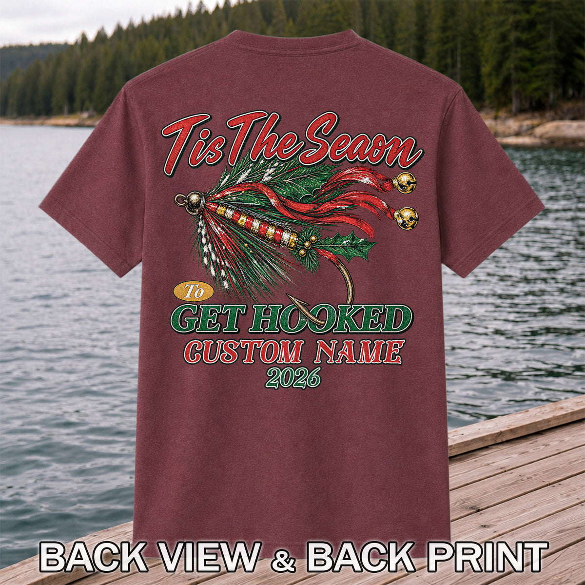 Personalized Christmas Fly Fishing Custom Name T-Shirt | Back Print