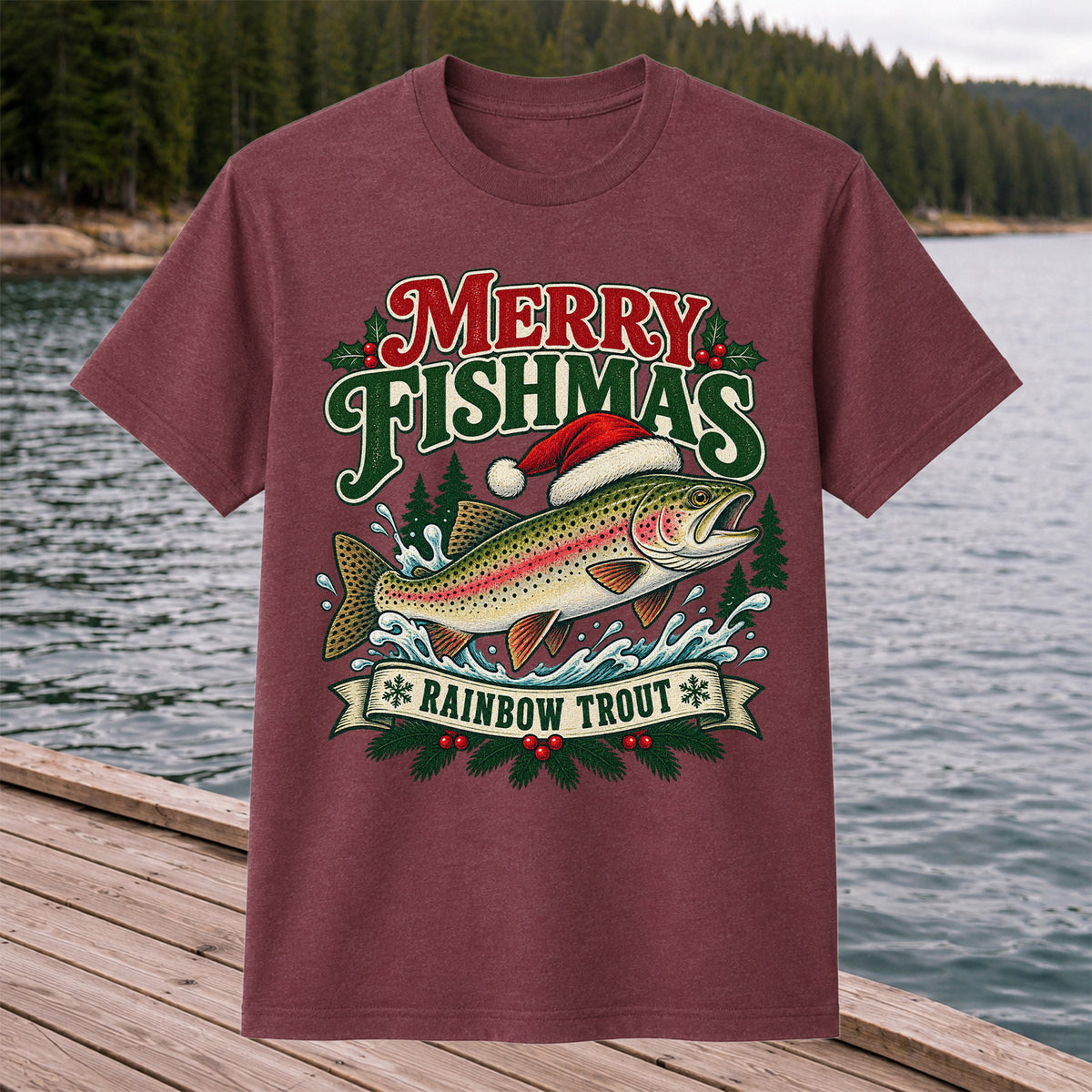 Merry Fishmas Rainbow Trout in Santa Hat Christmas Fishing T-Shirt