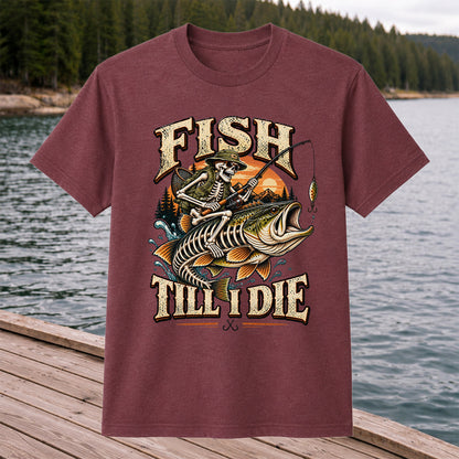 Fish Till I Die Skeleton Riding a Largemouth Bass Fishing T-Shirt