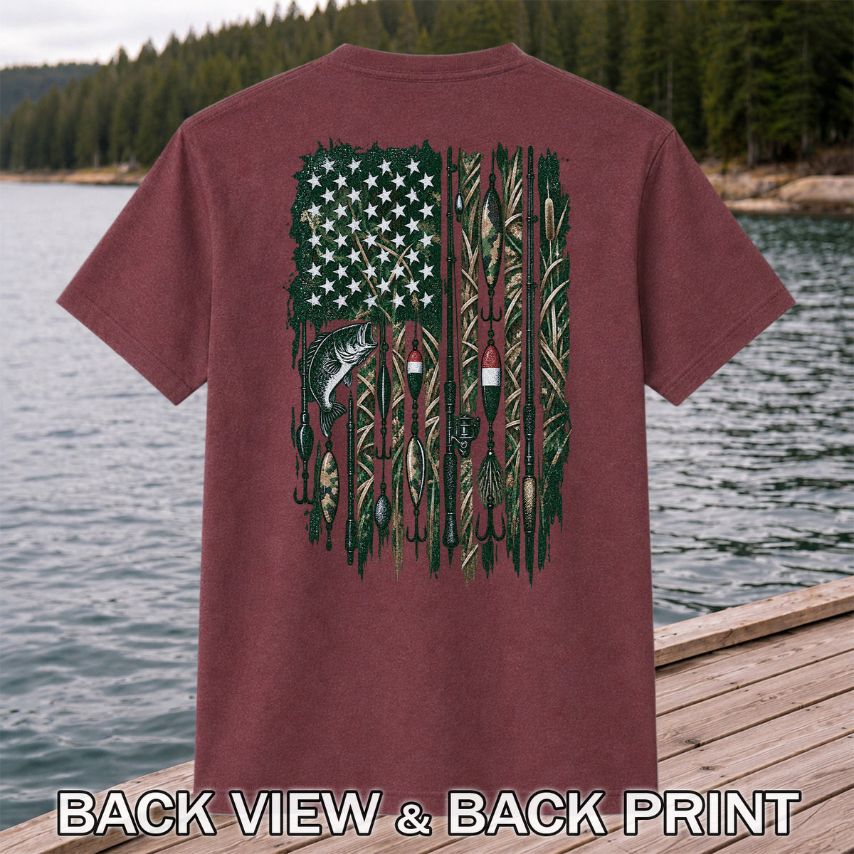 American Flag Bass Fishing Rods and Lures Graphic T-Shirt | Back Print