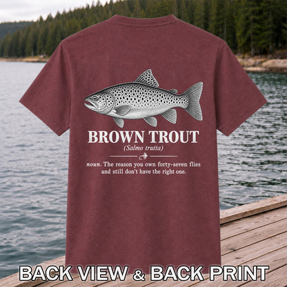 Brown Trout Forty-Seven Flies Funny Fly Fishing Graphic T-Shirt | Back Print