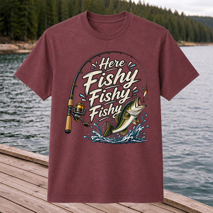 Here Fishy Fishy Fishy Funny Bass Fishing Graphic T-Shirt