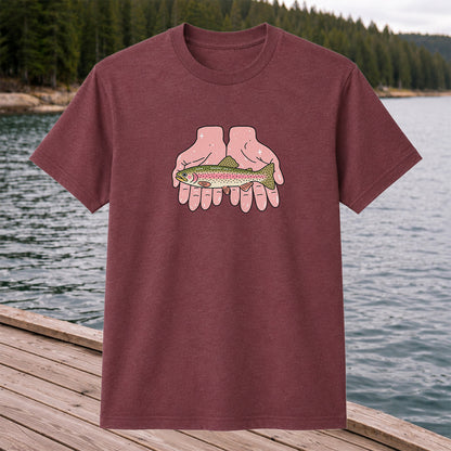 Rainbow Trout Held in Pink Hands Fishing Graphic T-Shirt