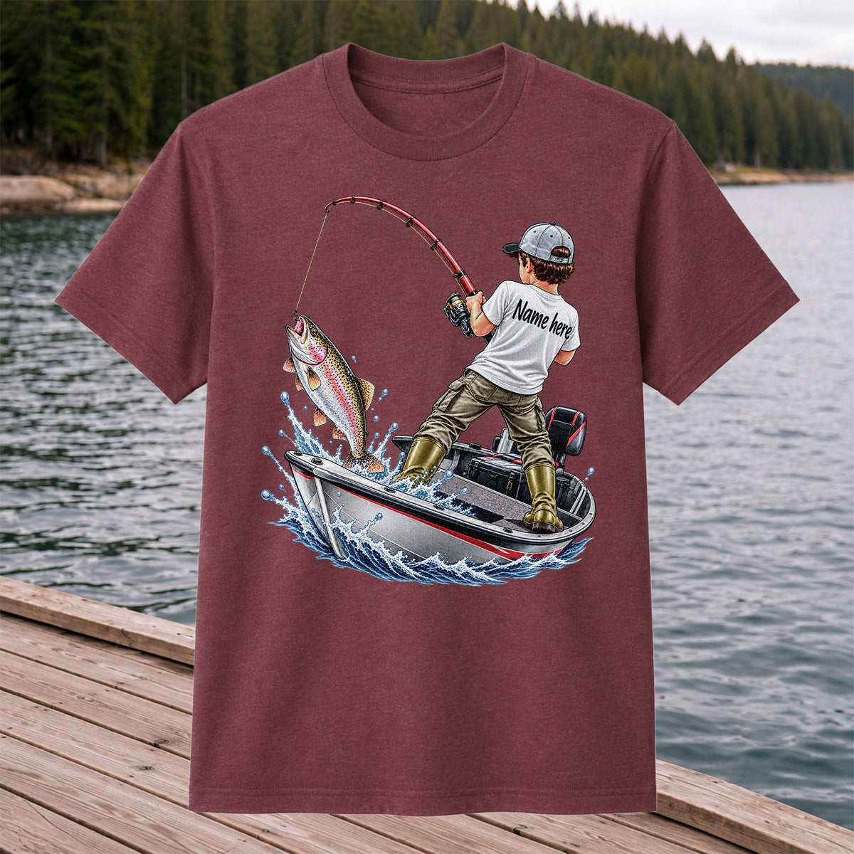 Personalized Boy Fishing Boat and Rainbow Trout Graphic T-Shirt