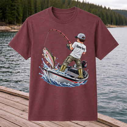 Personalized Boy Fishing Boat and Rainbow Trout Graphic T-Shirt