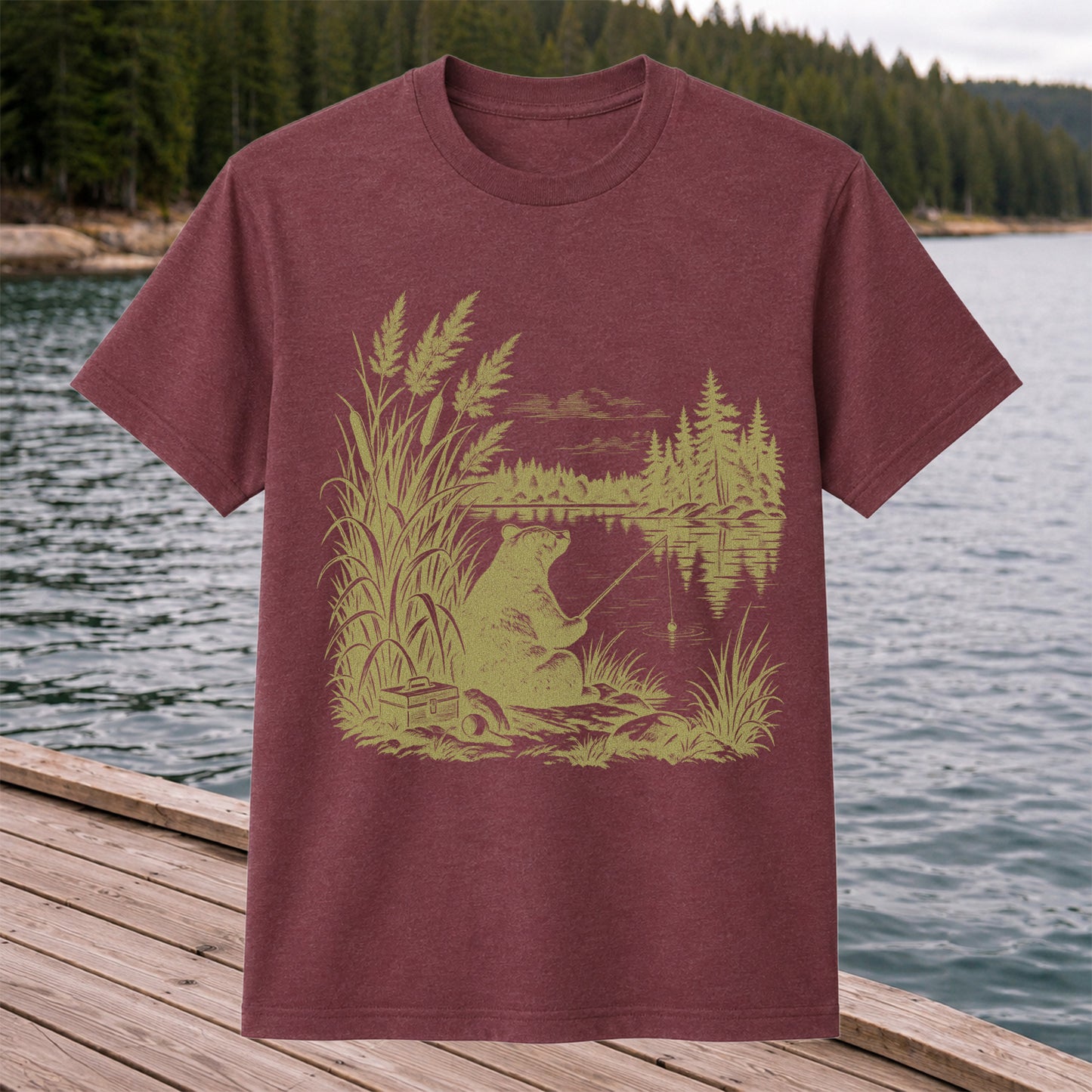 Bear Fishing by the Lake Vintage Outdoor Graphic T-Shirt